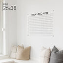 a 26x38 yearly calendar with a custom logo on clear acrylic with silver hardware