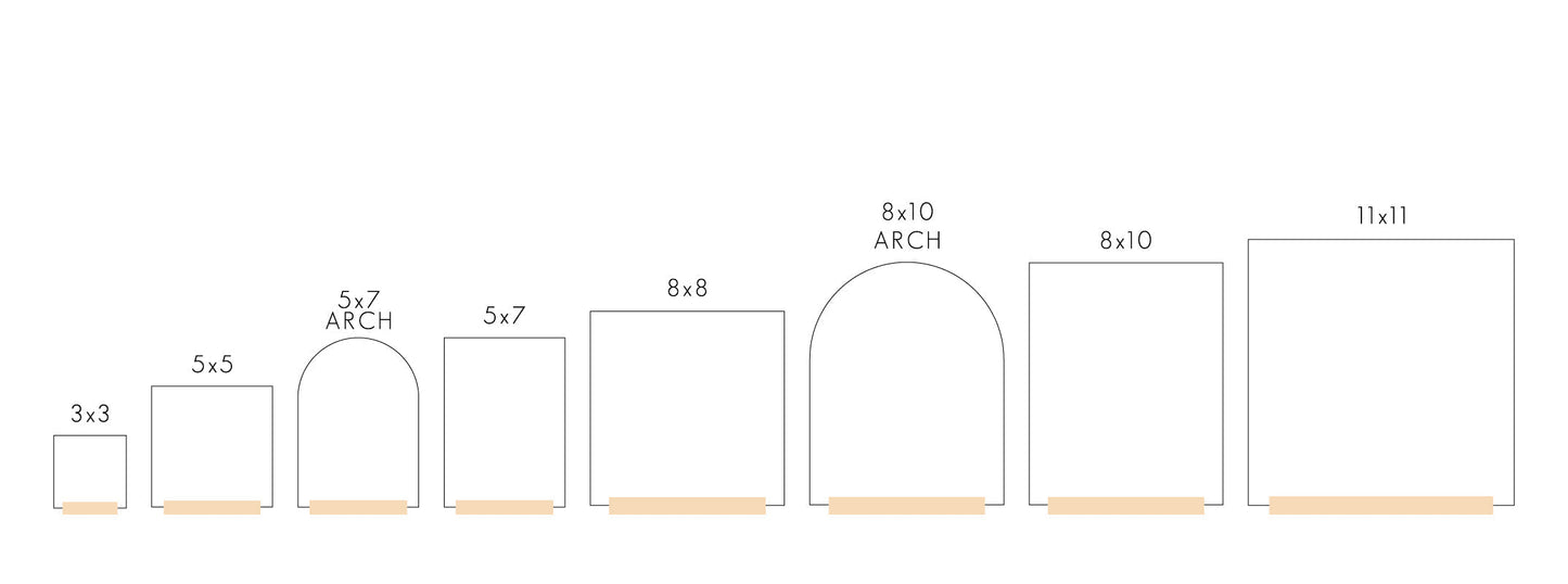 A size comparison chart for sizes 3x3 through 11x11