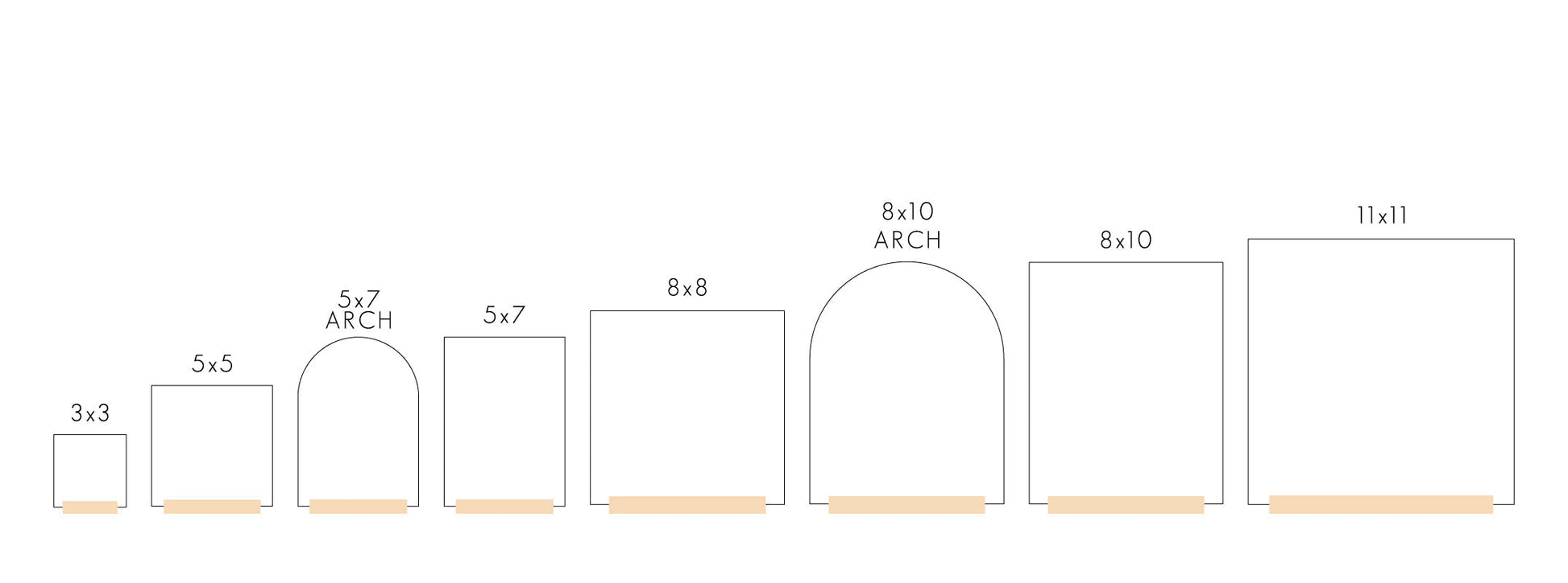 A size comparison chart for sizes 3x3 through 11x11