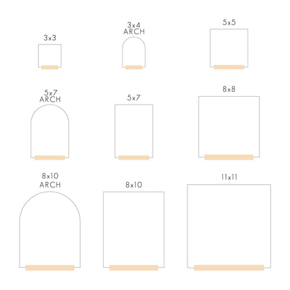 A comparison chart that shows sizes from 3x3 through 11x11 and 3 shape options.