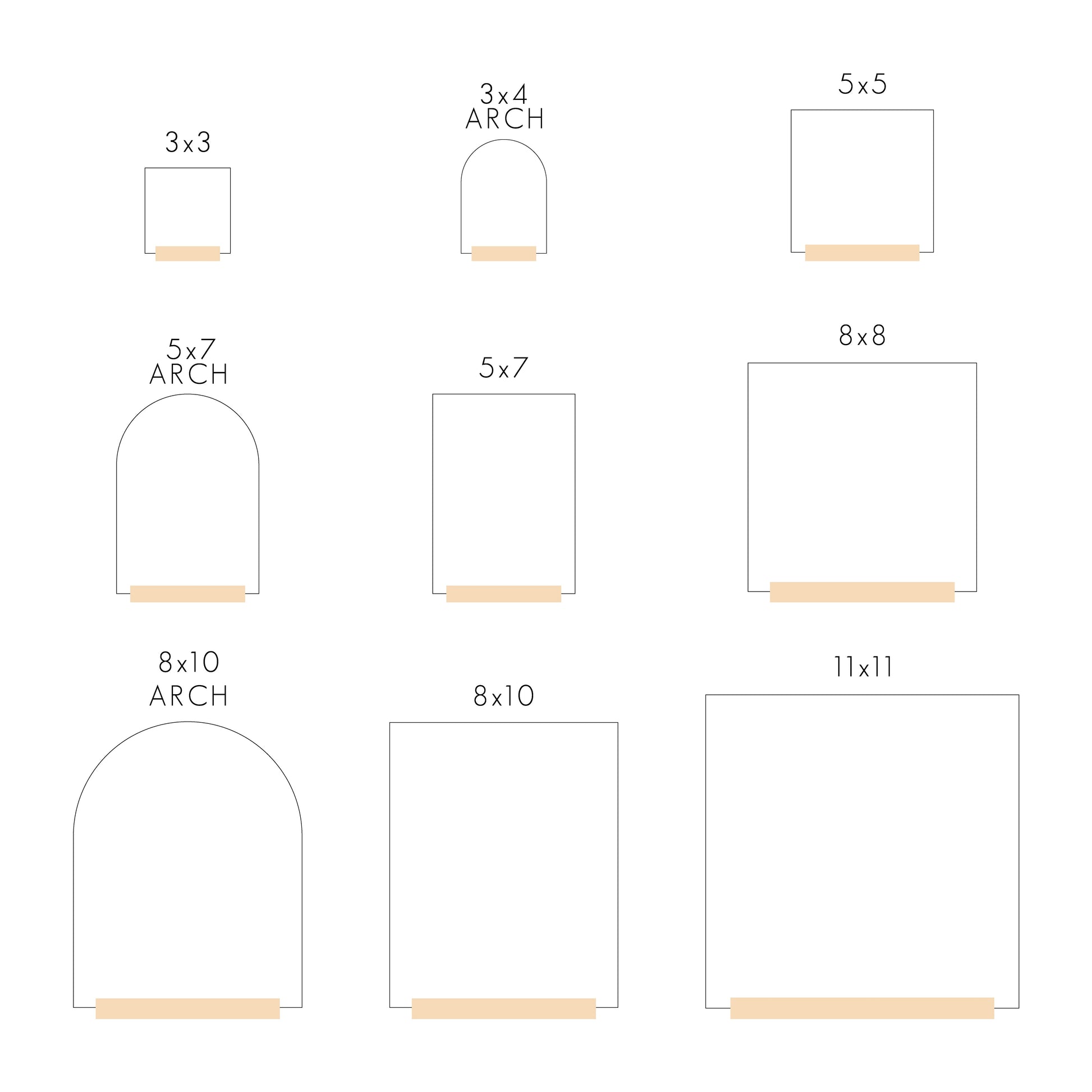 A comparison chart that shows sizes from 3x3 through 11x11 and 3 shape options.
