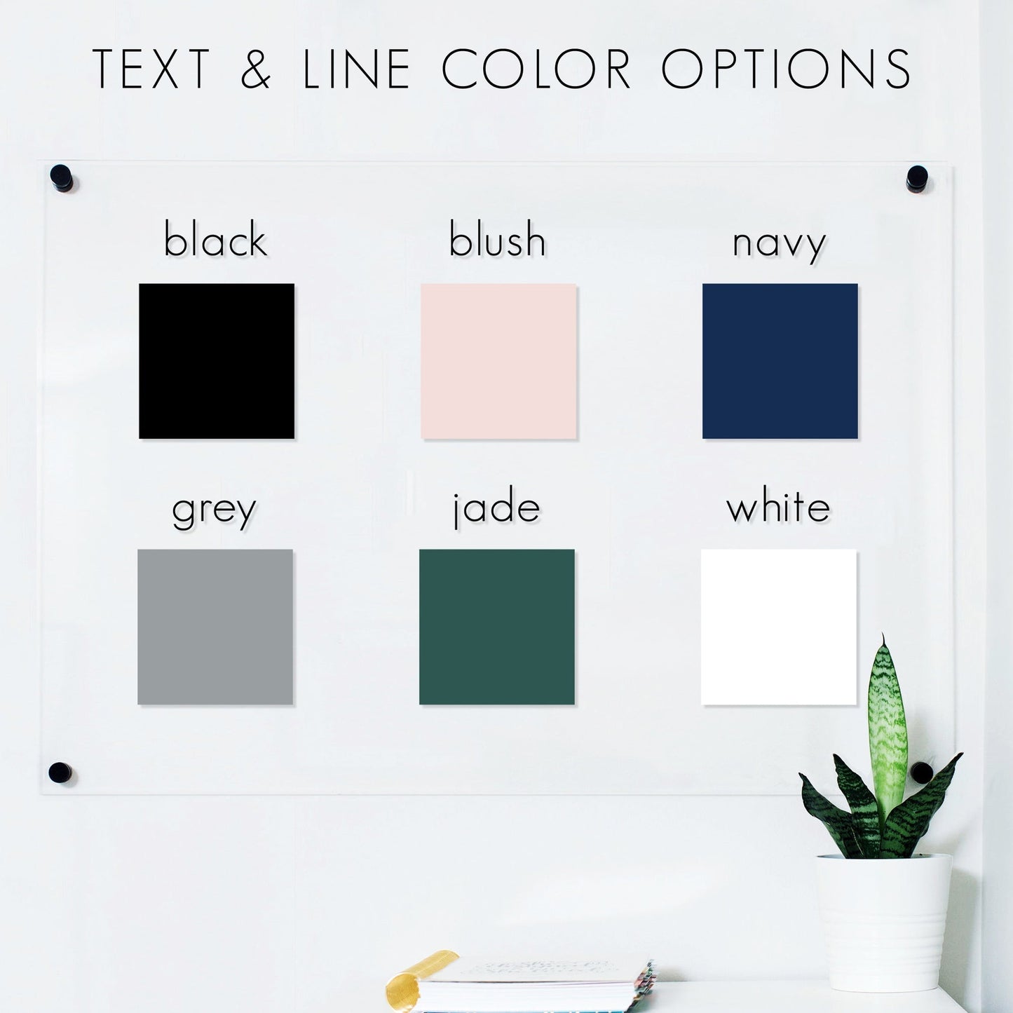An image presenting all six colors available: black, blush, navy, grey, jade, and white.