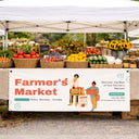 Vinyl banner hanging on farmers market booth