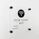 A custom wifi password sign mounted on a wall.