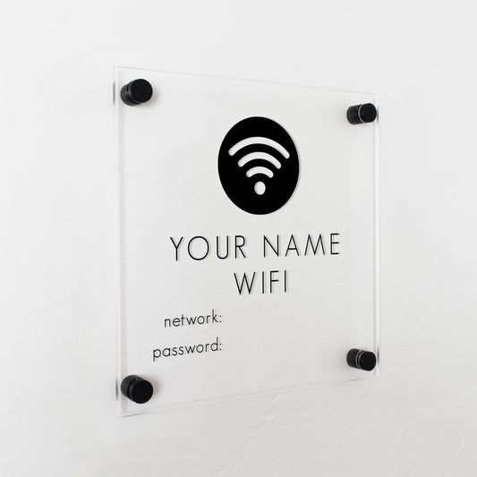 A custom wifi password sign mounted on a wall.